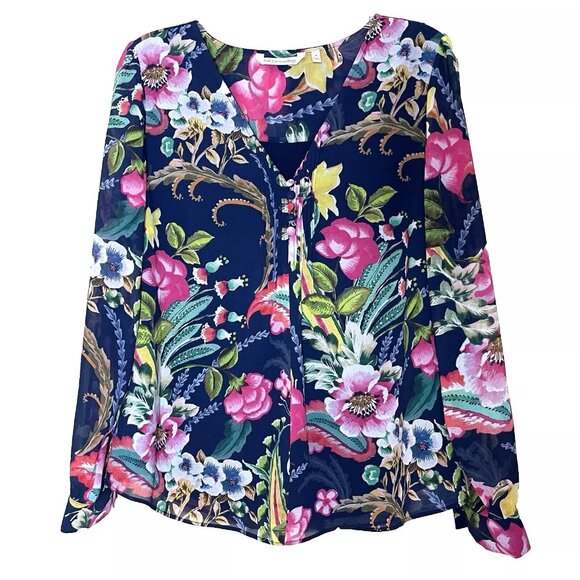 Soft Surroundings Samantha Chiffon Floral Tropical Button Front Shirt Blouse S - Picture 2 of 10